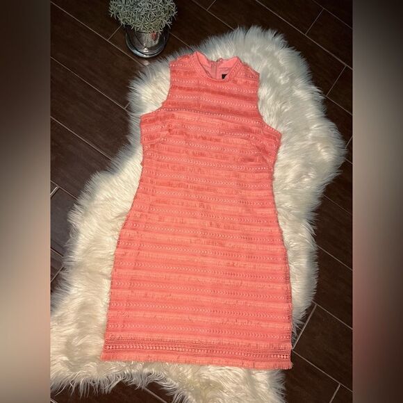 J. Crew Sheath Dress Coral Pink Fringe Corchet Lined Mock Neck Sleeveless sz 4 - Picture 2 of 11